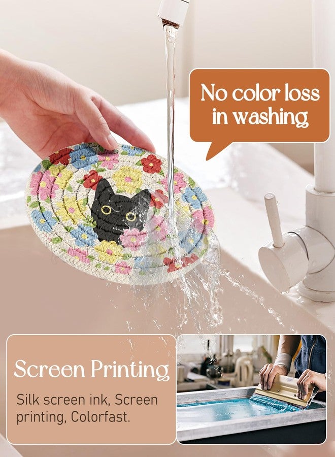 Kokaaee Drink Coasters Set of 6 - Cup Absorbent Coasters for Drinks Coffee Table Home Office Desk Decor Soft Woven Cotton Cloth Braided Fabric Drinking Cup Mat with Holder Cute Cat Flower - Image 2